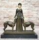 Art Deco New Superb Woman With Her Two Dogs Bronze Statue 'lost' Wax