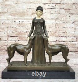 Art Deco New Superb Woman With Her Two Dogs Bronze Statue 'Lost' Wax