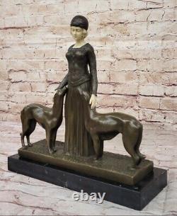 Art Deco New Superb Woman With Her Two Dogs Bronze Statue 'Lost' Wax