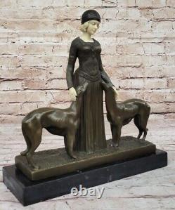 Art Deco New Superb Woman With Her Two Dogs Bronze Statue 'Lost' Wax