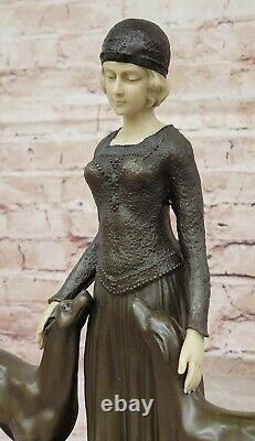 Art Deco New Superb Woman With Her Two Dogs Bronze Statue 'Lost' Wax