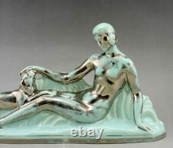 Art Deco ODYV statue in ceramic naked woman with panther pale green silver gradation