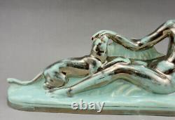 Art Deco ODYV statue in ceramic naked woman with panther pale green silver gradation