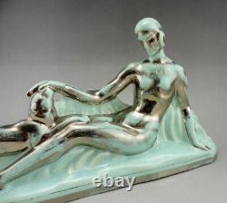 Art Deco ODYV statue in ceramic naked woman with panther pale green silver gradation