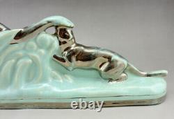 Art Deco ODYV statue in ceramic naked woman with panther pale green silver gradation