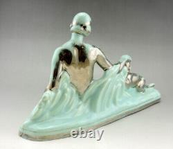 Art Deco ODYV statue in ceramic naked woman with panther pale green silver gradation