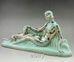 Art Deco ODYV statue in ceramic naked woman with panther pale green silver gradation