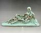 Art Deco Odyv Statue In Faience, Nude Woman With Panther, Pale Green And Silver Mottled Effect.