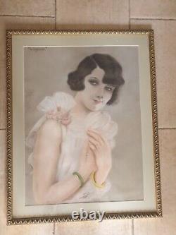 Art Deco Pastel Portrait of a Woman by Louis Icart to Identify 1928 Large 52x48