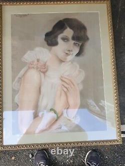 Art Deco Pastel Portrait of a Woman by Louis Icart to Identify 1928 Large 52x48