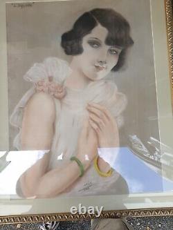 Art Deco Pastel Portrait of a Woman by Louis Icart to Identify 1928 Large 52x48