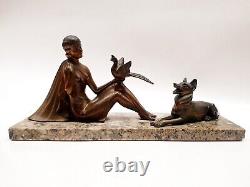 Art Deco Regule Sculpture Woman with Bird and Dog signed H. BAL BALLESTE