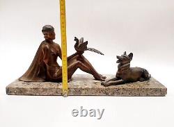 Art Deco Regule Sculpture Woman with Bird and Dog signed H. BAL BALLESTE