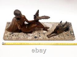 Art Deco Regule Sculpture Woman with Bird and Dog signed H. BAL BALLESTE