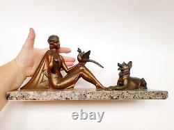 Art Deco Regule Sculpture Woman with Bird and Dog signed H. BAL BALLESTE