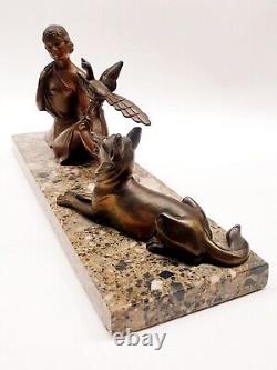 Art Deco Regule Sculpture Woman with Bird and Dog signed H. BAL BALLESTE