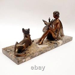 Art Deco Regule Sculpture Woman with Bird and Dog signed H. BAL BALLESTE