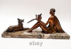 Art Deco Regule Sculpture Woman with Bird and Dog signed H. BAL BALLESTE