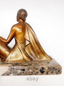 Art Deco Regule Sculpture Woman with Bird and Dog signed H. BAL BALLESTE