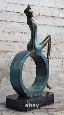 Art Deco Sculpture Abstract Woman Girl Sitting In Circle Bronze Statue
