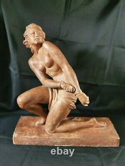 Art Deco Sculpture Large Terracotta Woman Chained By O. Merval