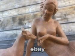 Art Deco Sculpture Terracotta Nude Woman Dog Ugo Cipriani for Gorini Brothers