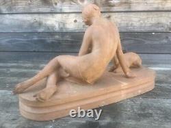 Art Deco Sculpture Terracotta Nude Woman Dog Ugo Cipriani for Gorini Brothers