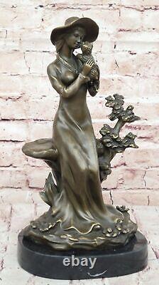 Art Deco Sculpture Victorian Woman Girl Sitting With Dog Bronze Statue