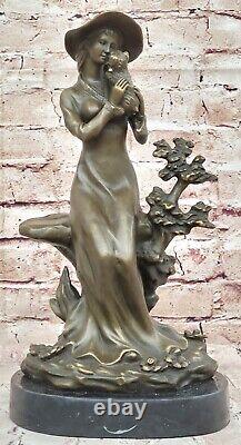 Art Deco Sculpture Victorian Woman Girl Woman Sitting with Dog Bronze Statue