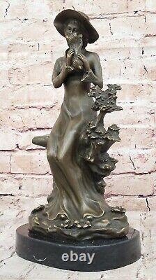 Art Deco Sculpture Victorian Woman Girl Woman Sitting with Dog Bronze Statue