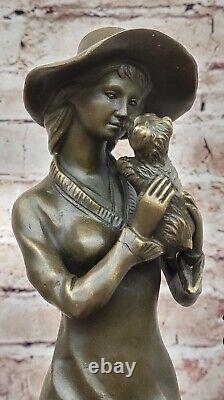 Art Deco Sculpture Victorian Woman Girl Woman Sitting with Dog Bronze Statue