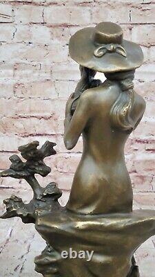 Art Deco Sculpture Victorian Woman Girl Woman Sitting with Dog Bronze Statue