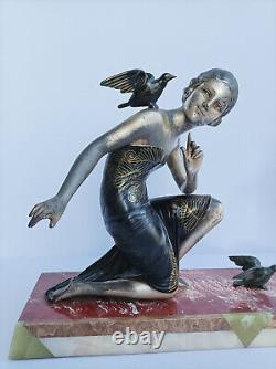 Art Deco Sculpture by Uriano Woman and Girl with Birds