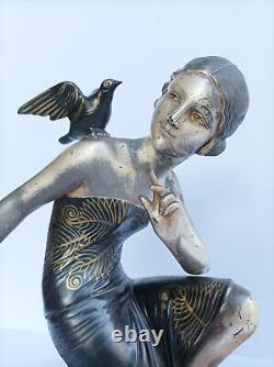 Art Deco Sculpture by Uriano Woman and Girl with Birds