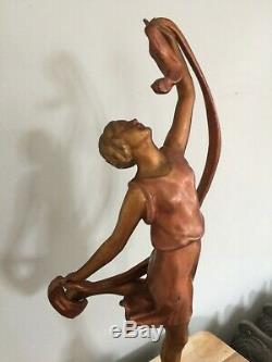 Art Deco Statue Woman Dancer With Scarf Signed P. Sega France Marble Pedestal