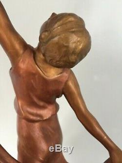 Art Deco Statue Woman Dancer With Scarf Signed P. Sega France Marble Pedestal