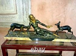 Art Deco Statue in Regule of Woman and Fawns Signed M. Secondo C. 1920 Sculpture