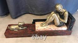 Art Deco Statue of Woman and Her Dog in Regule on Marble Base from the 1930s