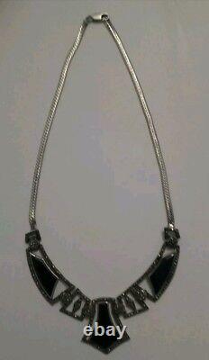 Art Deco Women's Necklace In Solid Silver, Dark Green Agate And Marcassite