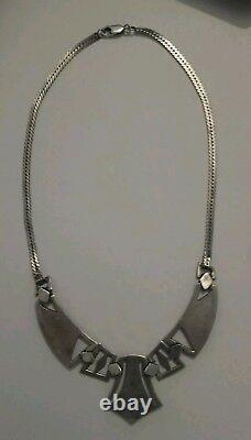 Art Deco Women's Necklace In Solid Silver, Dark Green Agate And Marcassite