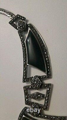 Art Deco Women's Necklace in Sterling Silver, Dark Green Agate, and Marcasite