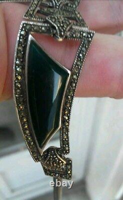 Art Deco Women's Necklace in Sterling Silver, Dark Green Agate, and Marcasite