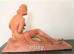 Art-deco Sculpture De Chiparus''young Woman Holding A Chevreau' Terre Cuite