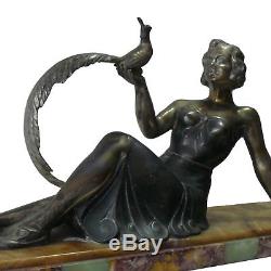 Art-deco Statue In Silvered Bronze Woman With Pheasant Marble Base L = 48 CM