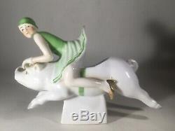 Baguier Subject Porcelain Polychrome Art Deco Woman Riding Pig Erotic