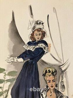 Beautiful Art Deco Gouache Drawing from 1945 on Paper Woman Hat Fashion Ready-to-Wear