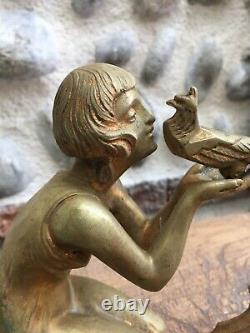 Beautiful Bronze Sculpture Ancient Demeter Chiparus 1930 Art Deco Woman Bird