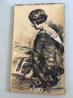 Beautiful Charcoal Drawing Painting Art Deco Portrait Young Woman Raymond Charlot 1930