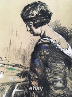 Beautiful Charcoal Drawing Painting Art Deco Portrait of a Young Woman by Raymond Charlot in 1930.