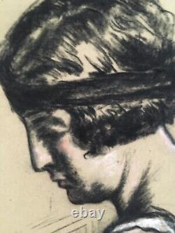 Beautiful Charcoal Drawing Painting Art Deco Portrait of a Young Woman by Raymond Charlot in 1930.